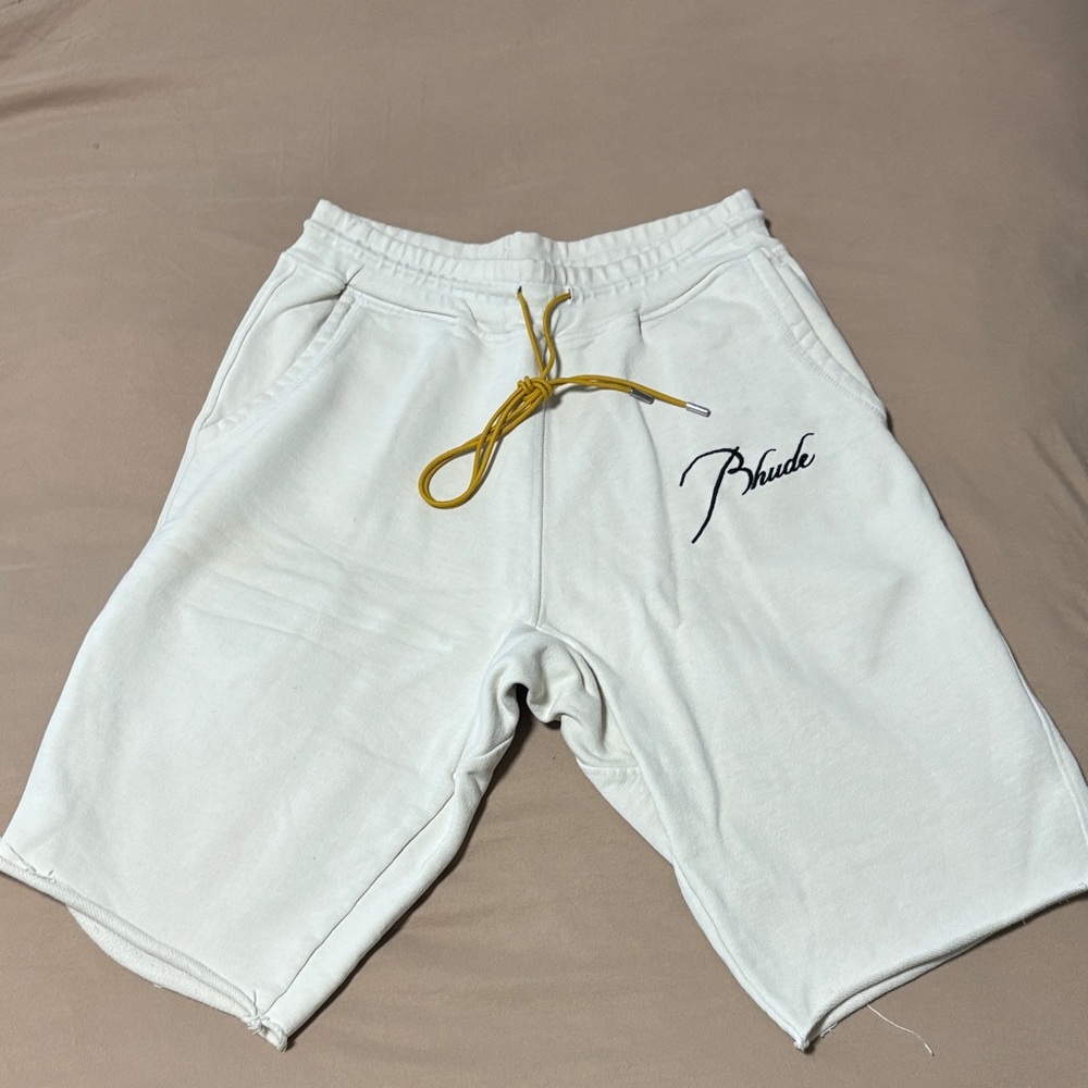 Rhude White Athletic Drawstring Shorts with Yellow Accent